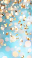 Golden confetti falling against a vibrant light blue backdrop with a soft bokeh effect, creating a festive format celebratory atmosphere. Vertical and photo