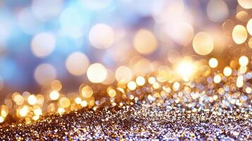 event golden bokeh lights glimmering against dark abstract background, conveying Sparkling celebration and elegant festive mood photo