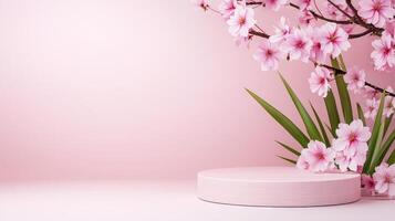Pink spring product among nestled verdant blossoming flower sakura trees and podium grass, embodying delicate springtime tranquility photo