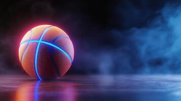 Futuristic basketball glowing with neon resting on reflective surface, enveloped by smoke, generating dramatic visual atmosphere sport background photo