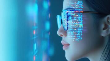 Woman programmer wearing futuristic glasses with source code displayed on her face, representing innovation in software engineering background photo