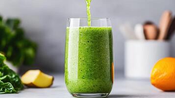 Green smoothie made counter, matcha powder stands on kitchen preparation promoting healthy eating and detox healthy eating with for menu, recipe and food blog photo