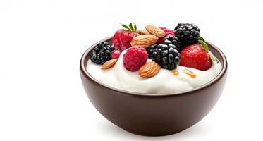 Creamy Greek yogurt topped with honey in glass bowl blackberries, almonds, redcurrants, with drizzled with syrup food nutritious morning treat photo