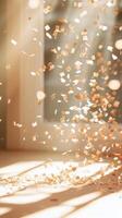Golden confetti a falling gracefully valentine love onto a sunlit floor, creating and festive 3d celebratory atmosphere background. Vertical format photo