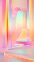 Glass abstract cube stage glowing with holographic, format colors against soft pastel geometric. Vertical iridescent background photo