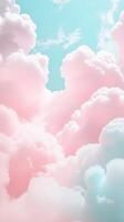 Beautiful pastel pink and cyan cumulus clouds filling a sunny sky, creating a dreamy and ethereal atmosphere. format Vertical background photo