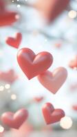 3d Floating red pristine drifting valentine against hearts white background, symbolizing romantic sentiment, perfect for love related design concepts. Vertical format photo