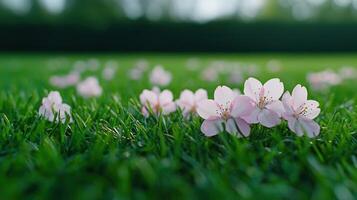 Delicate pink flowers sakura petals gently falling onto soft grass background amidst a serene spring morning garden Copy space for text photo