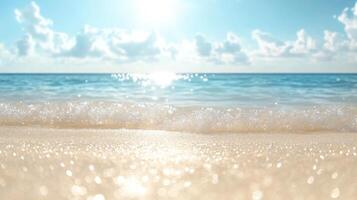 White sand beach with escape and palm tree leaf on a sunny summer day, evoking a sense of tranquility and seashells background Copy space for text photo
