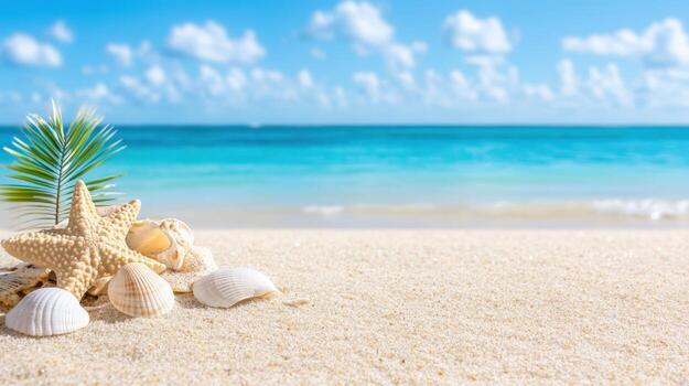 White sand seashells with beach and palm tree leaf on a sunny summer day, evoking a sense of tranquility and escape background Copy space for text photo