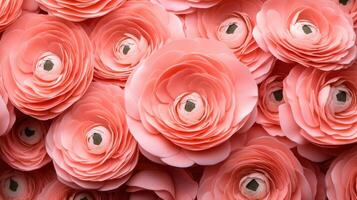 Delicate pink ranunculus creating against soft pastel background, blooming elegant floral composition with gentle, romantic mood photo