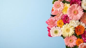Gerbera flowers creating against profile silhouette face in profile, symbolizing feminine beauty woman pristine white backdrop photo