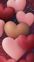 3d Glittering hearts in pink, gold, red floating valentine love over shimmering mood. backdrop, evoking romantic, celebratory Vertical burgundy format photo
