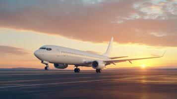 White passenger airplane taxiing on the runway during a beautiful sunset on the airport, creating a dramatic Travel vibrant scene and concept tourism photo