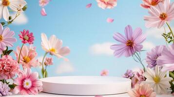 3d White podium displaying with falling for pink and purple on blue sky background, perfect flower showcasing beauty or spring products photo