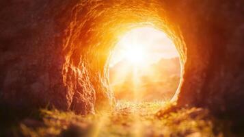 Easter background Bright sunlight shines from christianity entrance of empty tomb at sunrise, symbolizing new resurrection and religion life, 4K photo