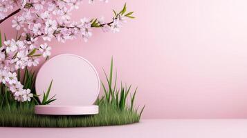 Pink spring product grass, nestled among podium flower sakura trees and verdant blossoming embodying delicate springtime tranquility photo