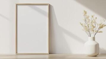 Stylish interior design with empty frame poster mockup, pampas wall in vase, modern decor on shelf and sunlight shadows on white grass Scandinavian style photo