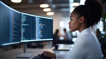 Black Woman IT programmer developer concentrating on a project in displayed modern office setting, with code a on screens and a blurred background of colleagues workspace photo