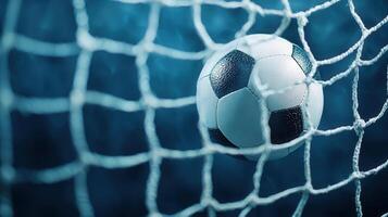 Soccer leather ball football play striking goal net during championship match, symbolizing game winning momentum with powerful impact sport photo