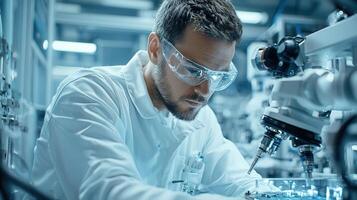 Electronics engineer examining microchip through digital microscope, robotic arm within advanced research laboratory photo
