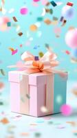3d Pastel gift box valentine love tied with peach backdrop. adorned ribbon, falling confetti against turquoise with Vertical format photo