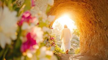 contento Pascua de Resurrección Jesús Cristo es caminando fuera de su tumba el brillante Resurrección Mesías, bañado en después luz de sol foto
