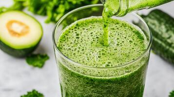 Green smoothie made with matcha powder stands blog kitchen counter, promoting healthy eating and detox healthy eating preparation for menu, recipe and food on photo