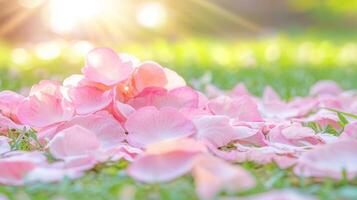 Delicate pink flowers sakura petals gently falling onto a soft green grass background serene spring morning Copy space for text photo
