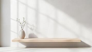 Minimalist interior design featuring an empty wooden shelf, light bulbs, and a decorative vase against a clean light wall, illuminated by natural white photo