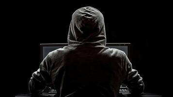 Dark lit room revealing anonymous male back, from mood hooded silhouette suggesting mysterious urban figure cyber risk photo