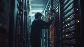 An IT professional installing new hardware into a server rack. server room organized racks with labeled cables and equipment. The technician is carefully mounting a new server unit into place photo