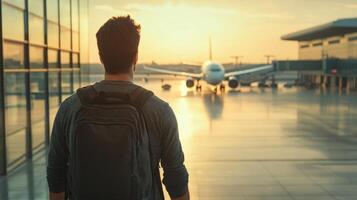 eagerly tourist man walking through a bustling airport terminal, carrying a backpack, Young heading off on an exciting trip travel background photo