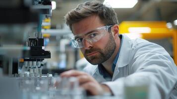 Electronics engineer examining microchip through digital microscope, operating robotic arm advanced research laboratory photo