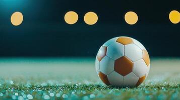 Soccer ball resting stadium verdant grass, of lights casting dramatic shadows nighttime sky, highlighting spherical icon on sport football photo