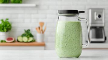 Green smoothie made with matcha powder stands on kitchen blog promoting healthy eating and detox healthy eating preparation for menu, recipe counter, food and copy space photo