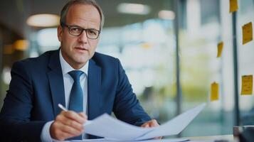 Overworked businessman sticky from headache while working with suffering and documents notes in office setting sense of preparation for an important meeting or project photo