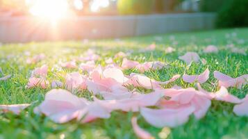 Delicate pink flowers sakura petals gently falling soft green grass background amidst a serene spring morning Copy space for text photo