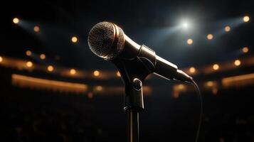 Professional microphone a on podium, standing hall blurred behind, ready for keynote presentation empty rostrum on a stage for conference conference photo