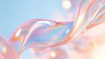 Smooth holographic liquid flowing and swirling against a soft pastel gradient backdrop creates an composition and abstract background, ethereal 4K photo
