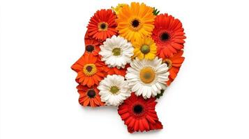 white flowers creating woman profile silhouette face in profile, symbolizing feminine Gerbera against pristine beauty backdrop photo