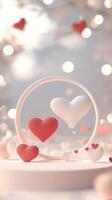 Floating red and white 3d hearts encircling valentine love white ring glossy background podium, soft bokeh on evoking romantic mood. Vertical format photo