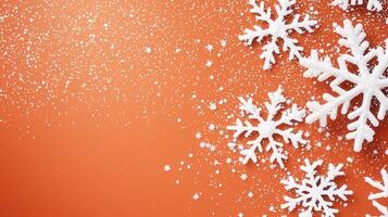 Frosty winter branch receiving gently falling christmas snowflakes, creating serene white landscape with soft seasonal Orange background Copy space for text banner photo