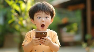 Surprised toddler boy sitting in park, with smartphone holding wide eyed amazement while exploring digital screen photo