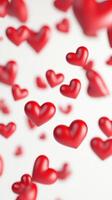 3d Floating red pristine drifting valentine hearts against white background, symbolizing romantic sentiment, perfect for love related design concepts. Vertical format photo