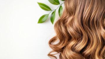 Flowing brown dark hair with glossy texture falling softly, highlighting natural volume and radiant shine against pristine white background Copy space for text photo