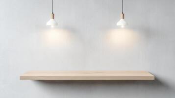 Minimalist interior design featuring an empty wooden plank board shelf, light bulbs, and a decorative white against a clean vase wall, illuminated by natural light photo