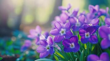 Close-up First spring flowers Beautiful purple glory of the snow blooming in colorful creating a background vibrant and sunlight, scene copy space for your text photo