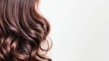 Curly brown dark Hair dye Close-up highlighting natural volume and radiant shine against pristine white background Copy space for text photo