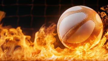 White volleyball ball burning in flames on a for sparkling background, perfect blurred sport concepts copy space for text photo